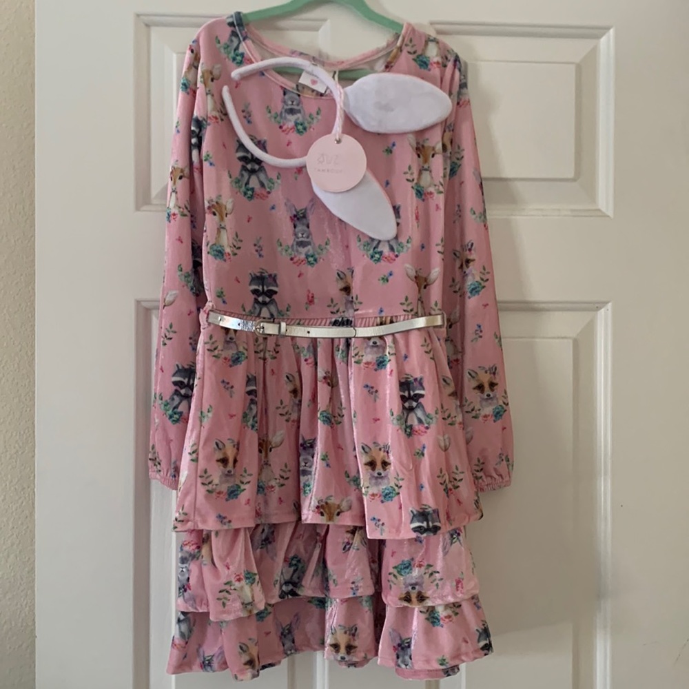 Gorgeous pink velvet dress 3 tier with belt BNWT